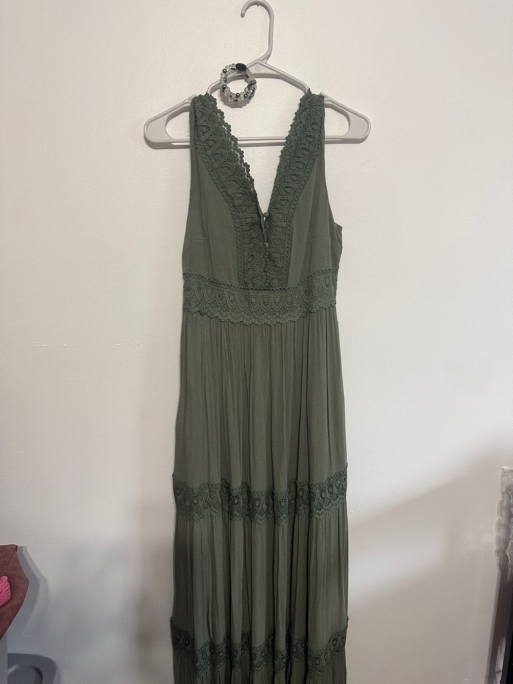 Davi & Dani Sage Green Dress Sleeveless Olive Green Maxi Dress with Lace Trim - Picture 2 of 10